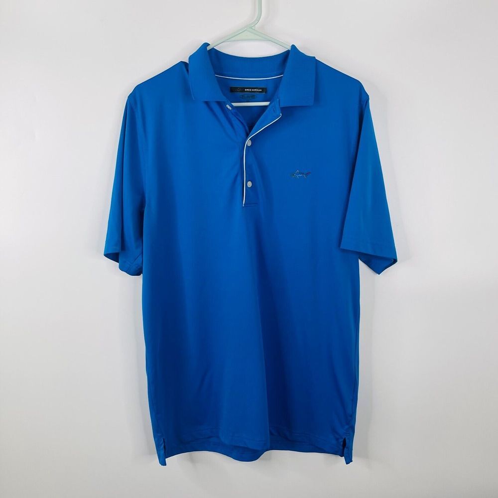 Greg Norman‎ Mens Polo Size M Solid Blue Short Sleeve Golf Wear to Work Casual